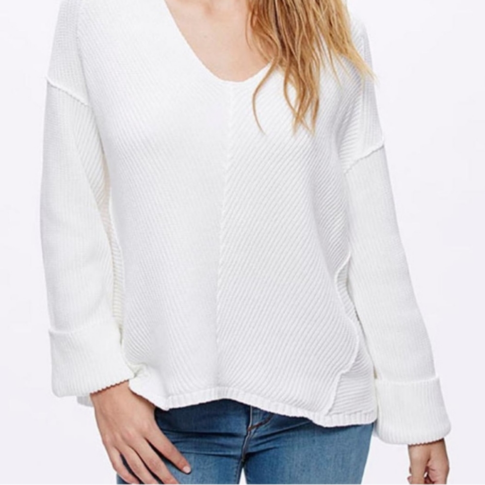 Free People La Brea Oversized V neck, chunky  knit, white cotton sweater, size S - Picture 7 of 9